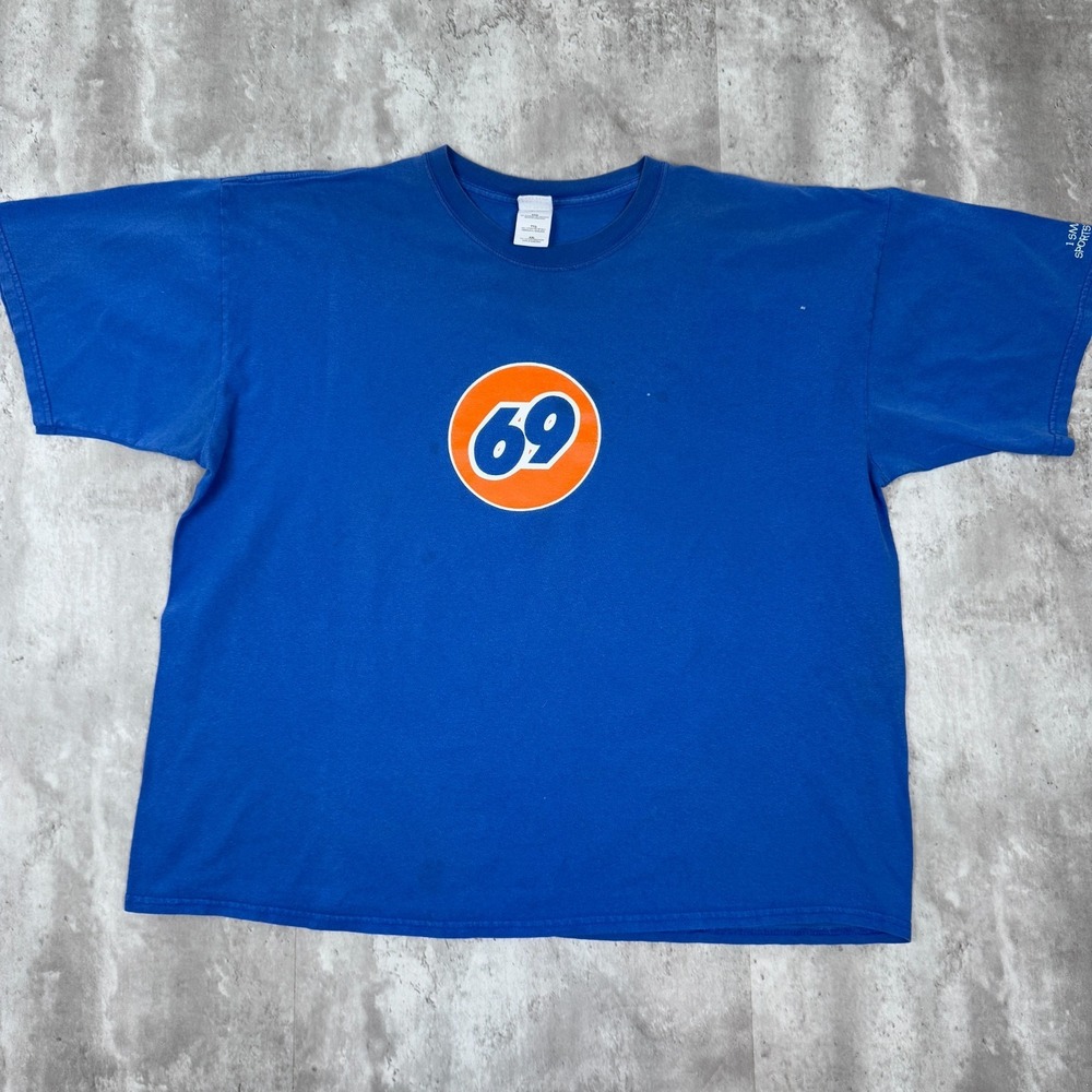 Vintage 69 T-Shirt Mens XXL Blue Funny Joke Sportswear Short Sleeve Y2K